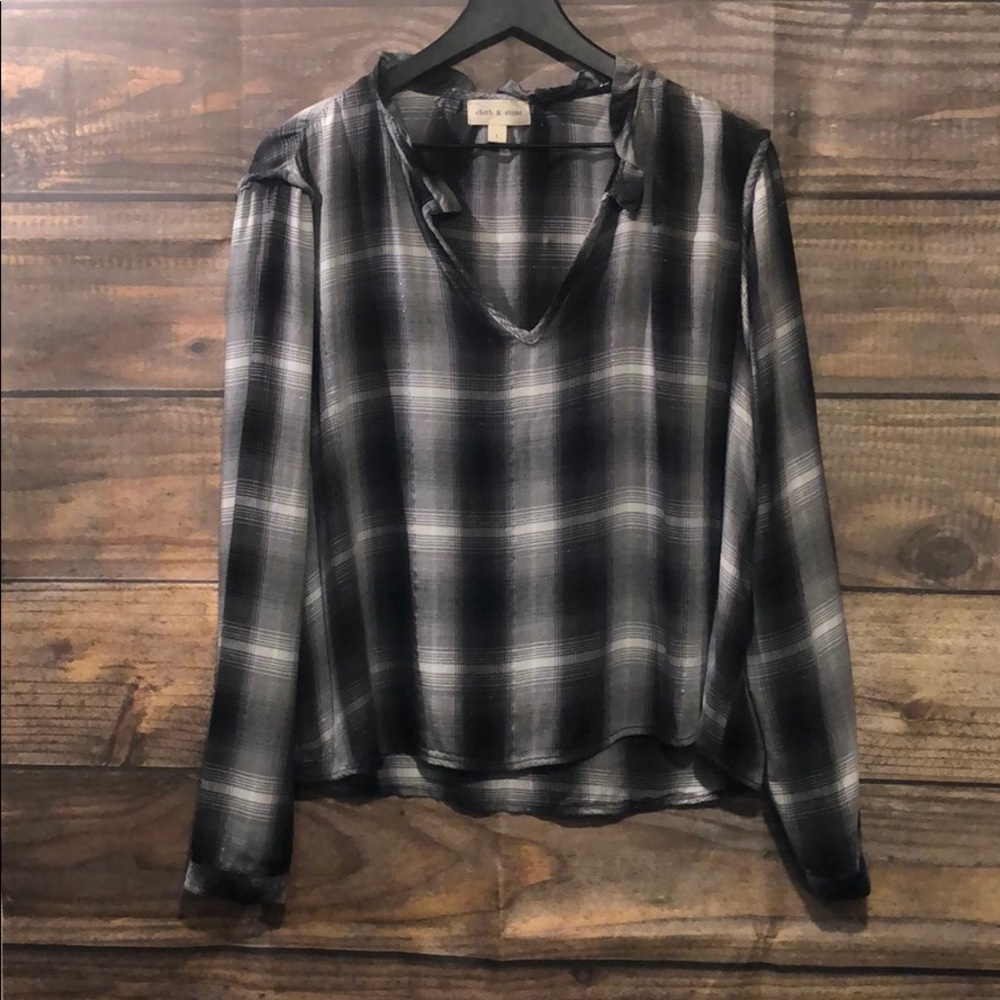 Cloth & Stone Plaid Black & White Long Sleeve Top